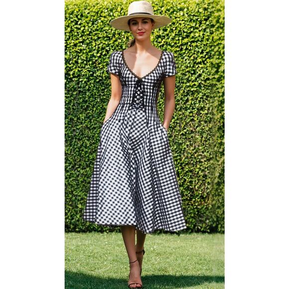New! Linen Vibes Corset Midi Gingham S Dress Retro Vintage Inspired MSRP $128 - Picture 2 of 10